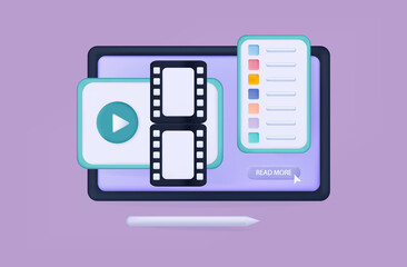 3d smart movie tv. Video show, camera, production. Select or search for TV programs on the tablet screen. Online broadcast or recording of a vlog, video for users. Smart movie tape with player. Vector
