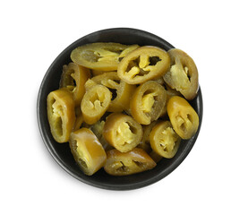 Slices of pickled green jalapenos in bowl isolated on white, top view