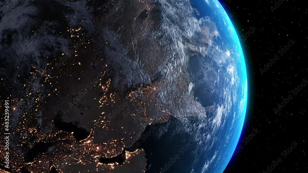 Poster planet earth 3d orbital animation with realistic geography surface and clouds atmosphere . spinning 