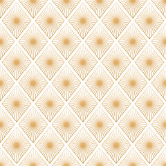 Abstract geometric seamless pattern. Gold diamond ornament on white background. Shining sun vintage backdrop. For textile and paper design