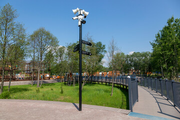 Street sign of traffic directions in the park Island of Forts in Kronstadt, St. Petersburg