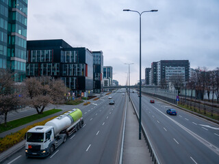 Top view of the highway in the city with cars. Warsaw
