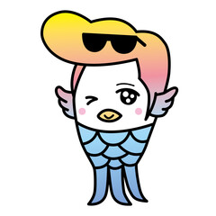 つっぱりアマビエ君がウインクしている。
コロナで流行った日本の妖怪「アマビエ」。
あまりにもコロナが長引くので、グレてポンパドールの髪型にしちゃったアマビエ君、サングラスを頭につけています。
ベクターイラスト。