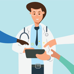 Group of happy doctor surgeon and nurse with tablet in meeting Healthcare and medical concept
