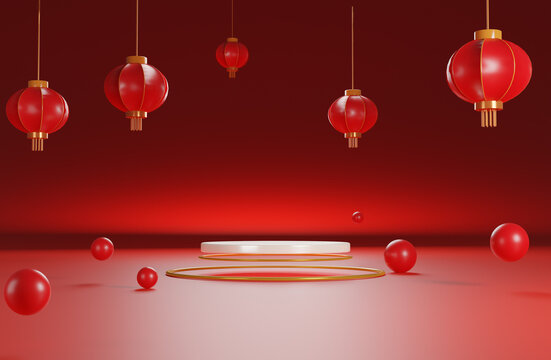 3D podium and golden ring design for chinese new year background decorate with red china fans in red theam Mockup for product display advertisement 3D rendering background