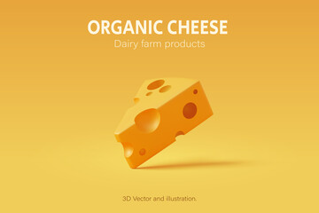 3D Cheese put on yellow background, Food and daily farm product
