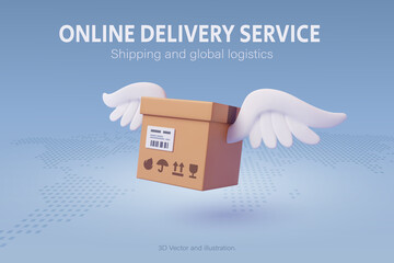 Brown parcel cardboard box fly over the world map, online delivery service or shipping and global logistic concept, quick and fast cargo shipment