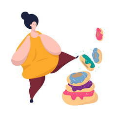 Obese woman kicking stack of donuts