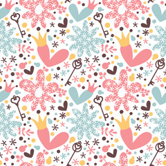 Seamless pattern with flowers, hearts, crown and keys.