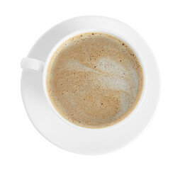 Cup of tasty coffee isolated on white, top view
