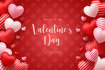 Happy Valentine's Day vector design background with realistic 3d heart for Greeting Card,  flyer, Poster, Banner etc. Vector Illustration Graphic.