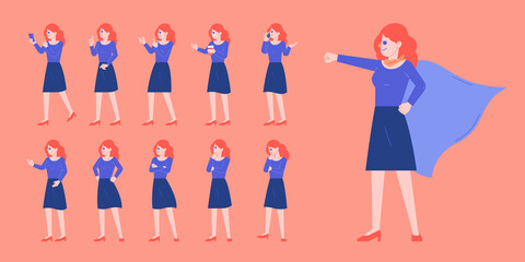 Office working woman employee various posing action flat vector illustration. For website, web, application, presentation, printing, document, poster design, social media, etc.