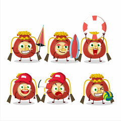 Happy Face red bag chinese cartoon character playing on a beach