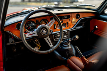 Vintage Sports Car 1970 Triumph GT6+ Steering Wheel Detail
