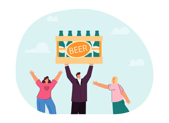 Businessman holding huge crate with beer bottles. Man selling or buying alcoholic drinks flat vector illustration. Alcohol, advertising, celebration concept for banner, website design or landing page