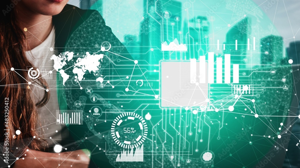 Poster conceptual business dashboard for financial data analysis . 3d render computer graphic .