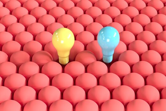 Outstanding Blue And Yellow Light Bulb Floating Among Red Light Bulbs From Top View.