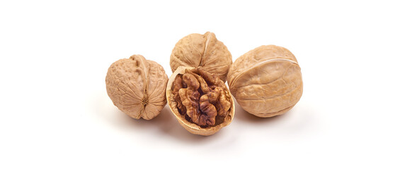 Walnuts with kernel, isolated on white background.