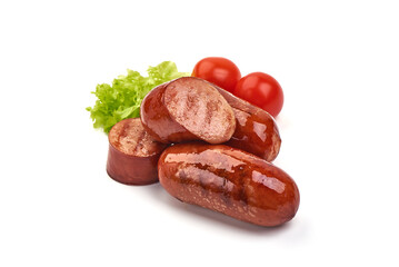 Grilled pork sausages, isolated on white background.