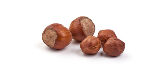 Hazelnut heap, isolated on white background.