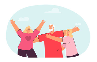 Cheerful cartoon mother and daughter hugging grandfather. Old man spending time with daughter and granddaughter flat vector illustration. Family, elderly care, love concept for banner, website design