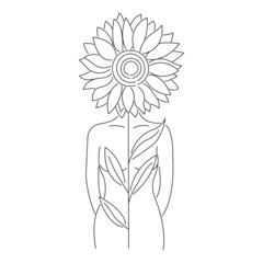 Silhouette of a naked girl with a flower covering her chest and head. Modern minimalism. Design suitable for decoration, tattoo, wallpaper, print for t-shirts, poster, cards, banner. Isolated vector