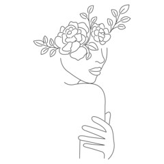 Girl posing, instead of eyes, flowers with leaves. Modern style minimalism. The design is suitable for decoration, tattoos, prints on t-shirts, cards, posters, banners. Isolated vector illustration