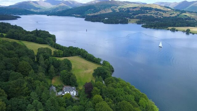Wide open aerial drone of lake surrounded by fieds