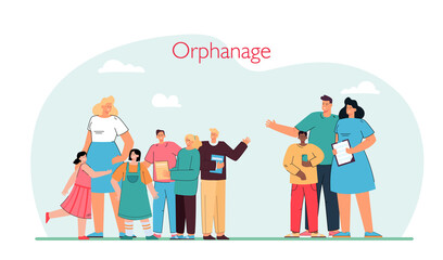 Happy married couple adopting child from orphanage. Woman with group of children, husband and wife with legal documents flat vector illustration. Family, charity, support, adoption concept for banner