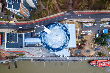 pregolya river. Aerial top view city Kaliningrad Russia museum of world ocean.
