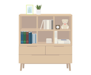 Vector illustration of chest of drawers with shelf isolated on background.	