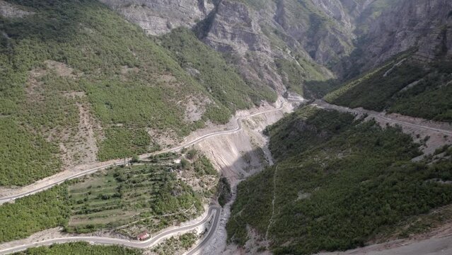 Bird's Eye Front Plane Drone Video over the "Rrapsh Serpentine" mountain pass on the Sh20 road in Grabom, Albania,
Leqet e Hotit
