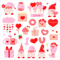 Set of Valentine's Day elements: leprechaun, heart shape, balloons, envelopes. Suitable for scrapbooking, greeting cards, party invitations, gift tags.