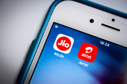 Kumamoto, Japan - Aug 3, 2020 : Jio, an Indian telecommunications company & a subsidiary of Jio Platforms, headquartered in Mumbai, Maharashtra, India, & Airtel India apps on iPhone