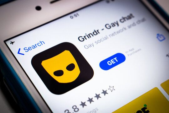 Kumamoto, Japan - Aug 3 2020 : Grindr app, a location-based social networking and online dating application for gay, bi, trans, and queer people, in App Store on iPhone.