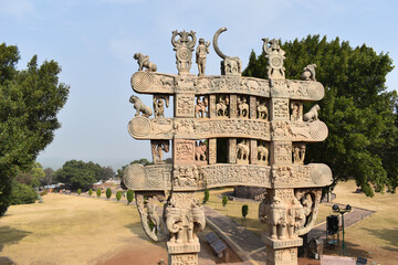 Stupa No 1, North Gateway. Rear view of Architraves  and pillars supported by elephants. The Great Stupa, World Heritage Site, Sanchi, Madhya Pradesh, India.