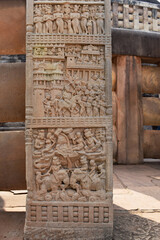 Stupa No 1, North Gateway, Left Pillar, Front Face Panel 5: Village Life. Panel 4 : Royal procession of Prasenjit, the king of Kosala entering his capital Sravasti.  - obrazy, fototapety, plakaty