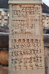 Stupa No 1, North Gateway, Right Pillar, Front Face  Panel 3 : Preaching to Shakyas  Panel 2 : Depicts the Buddha's departure in search of truth  - obrazy, fototapety, plakaty