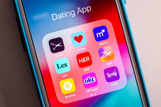Kumamoto, Japan - Aug 3 2020 : Dating apps (Scissr, Zoosk, Match, Lex, Her, Zoe, Bumble, OkCupid and Lesly) on iPhone. The apps in image are popular for Lesbian / LGBTQ+ people.