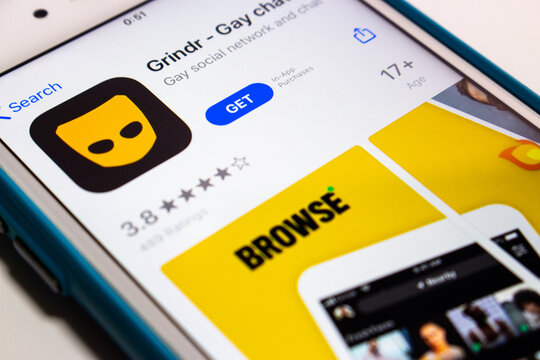 Kumamoto, Japan - Aug 3 2020 : Grindr app, a location-based social networking and online dating application for gay, bi, trans, and queer people, in App Store on iPhone.