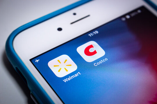 Kumamoto, Japan - Aug 03  2020:.Walmart & Costco, two big giants of US retail industry, on an iOS.