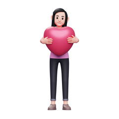 girl hugging pink heart 3d character illustration, girl celebrating valentine's day 3d illustration