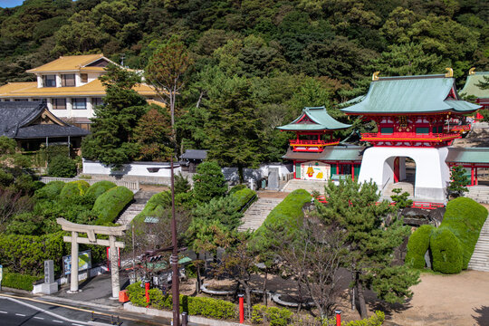 Shimonoseki, Yamaguchi / JAPAN - Sep 25 2020 : Akama Shrine from high angle view. It is a Shinto shrine dedicated to a Japanese emperor Antoku who died as a child in the Battle of Dan-no-ura in 1185