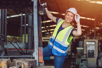beautiful caucasian woman worker in heavy industry happy smile