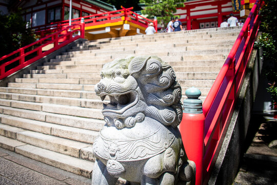 Shimonoseki, Yamaguchi / JAPAN - Aug 14 2020 : Komainu statue, pairs of lion-like creatures either guarding the entrance of shrine, at Akama Shrine in sunny day.