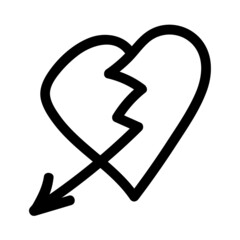 Linear doodle arrow with broken heart. Love pointer, trajectory, like. Vector design element for social media, valentines day and romantic designs.