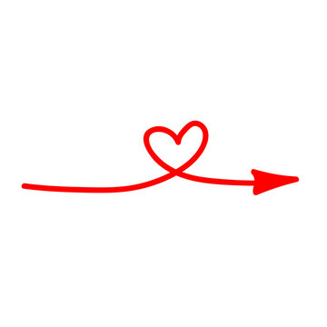 Linear doodle red arrow with heart. Love pointer, trajectory, like. Vector design element for social media, valentines day and romantic designs