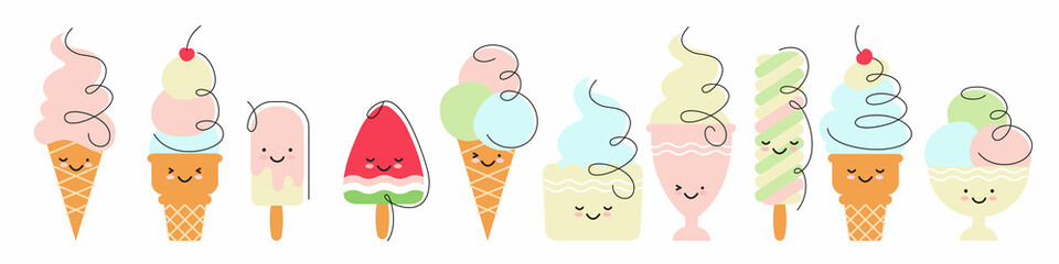set of ice cream in the style of minimalism and cartoon