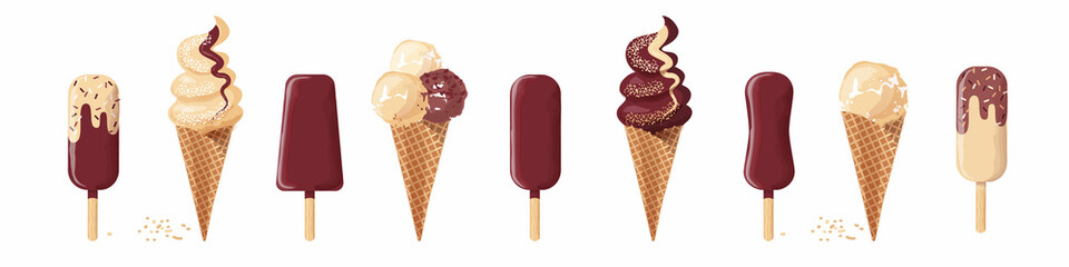 set of chocolate ice cream with a watercolor effect