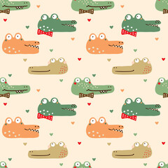 Seamless Pattern with Cartoon Crocodile Face and Heart Design on Beige Color Background